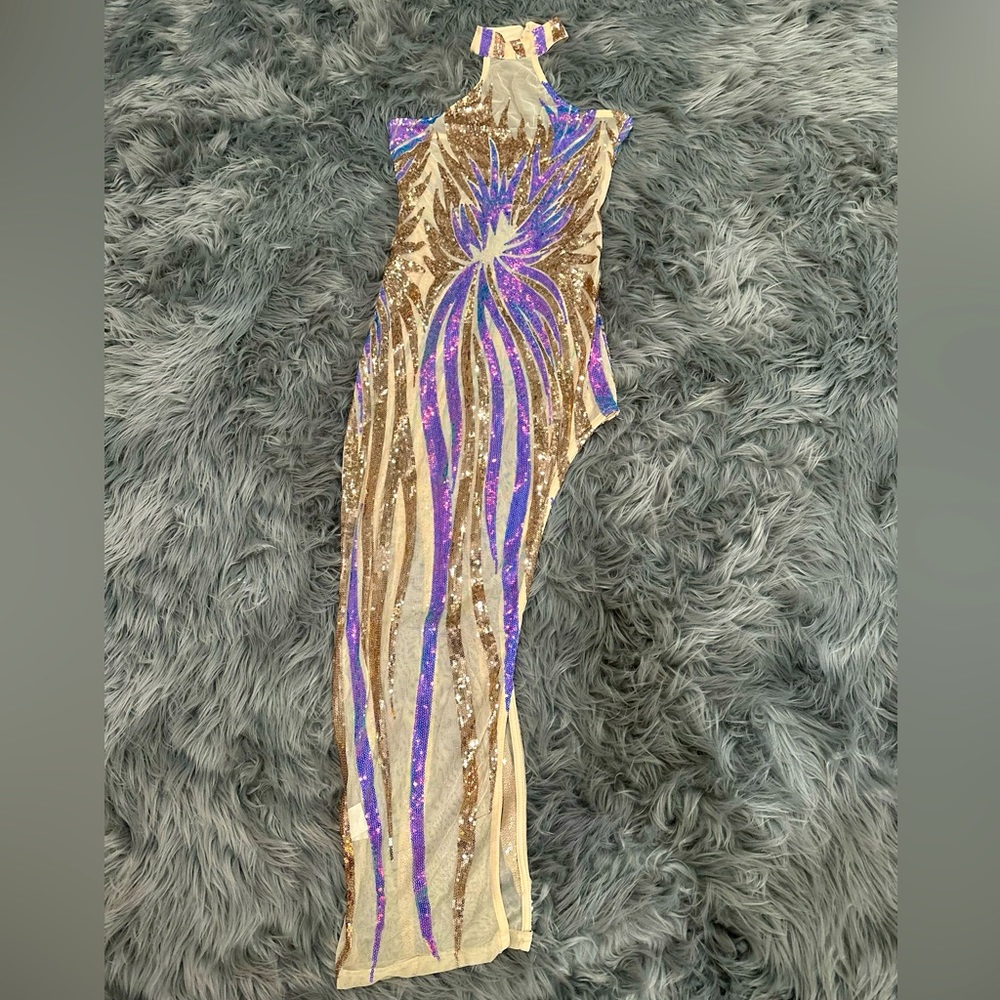 Sequined and mesh halter dress
